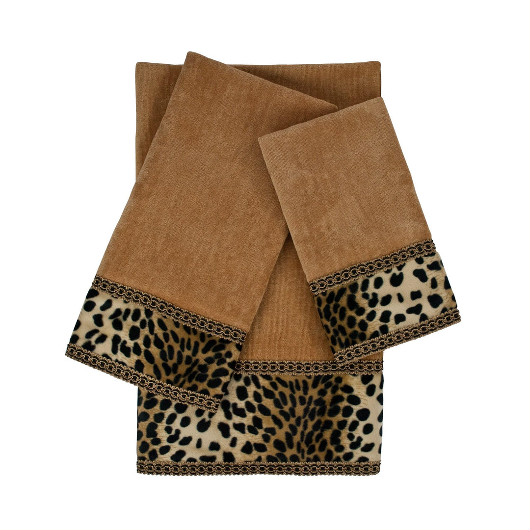 Leopard Nugget 3-Piece Embellished Towel Set Gold Animal Print Border Cotton
