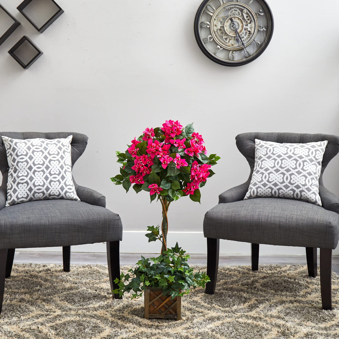 Nearly Natural 34in. Artificial Bougainvillea Topiary with Wood Box - Diamond Home USA