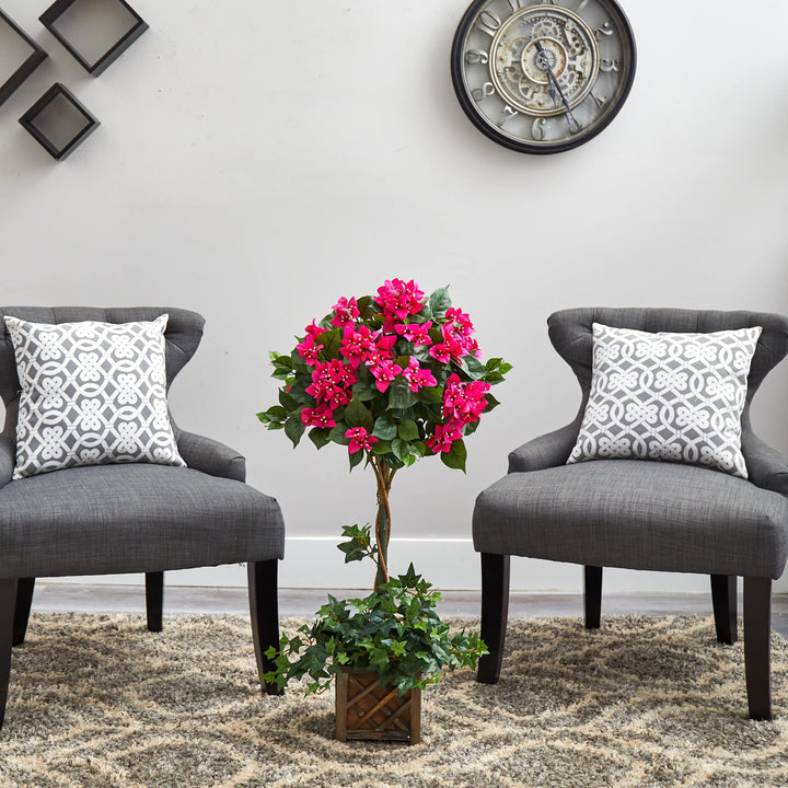 Nearly Natural 34in. Artificial Bougainvillea Topiary with Wood Box - Diamond Home USA