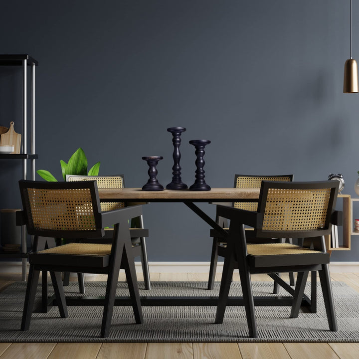 Set of Three Matte Black Genuine Wood Hand Carved Pillar Candle Holders 17" X 9" - Diamond Home USA