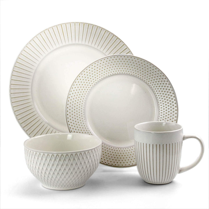 Marketplace Dinnerware Set in Embossed White Beige Solid Casual Round - Diamond Home USA