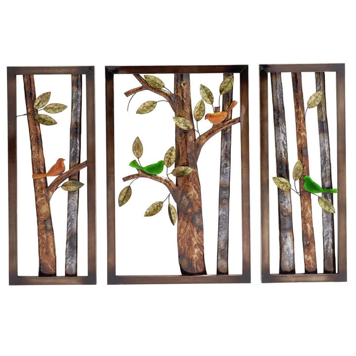 Morning Birds 32" Botanical Handcrafted 3-Piece Metal Wall Art Multi Color