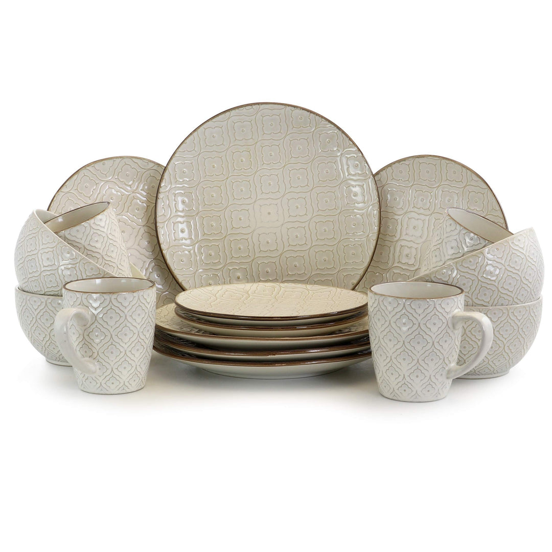 White 16 Piece Stoneware Dinnerware Set Textured Casual Round Microwave Safe