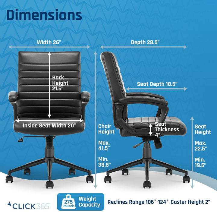 Click365 Transform 3.0 Extra Comfort Ergonomic Mid Back Channel Stitching Desk Chair, with Padded armrests, Adjustable-Height