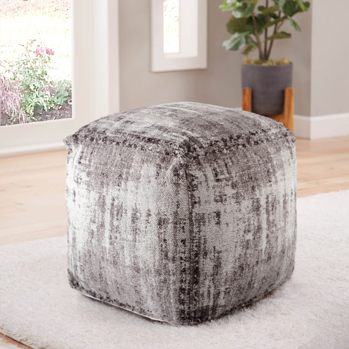 Pouf Ottoman Black Grey Patterned Transitional Pattern Square Cotton Handmade