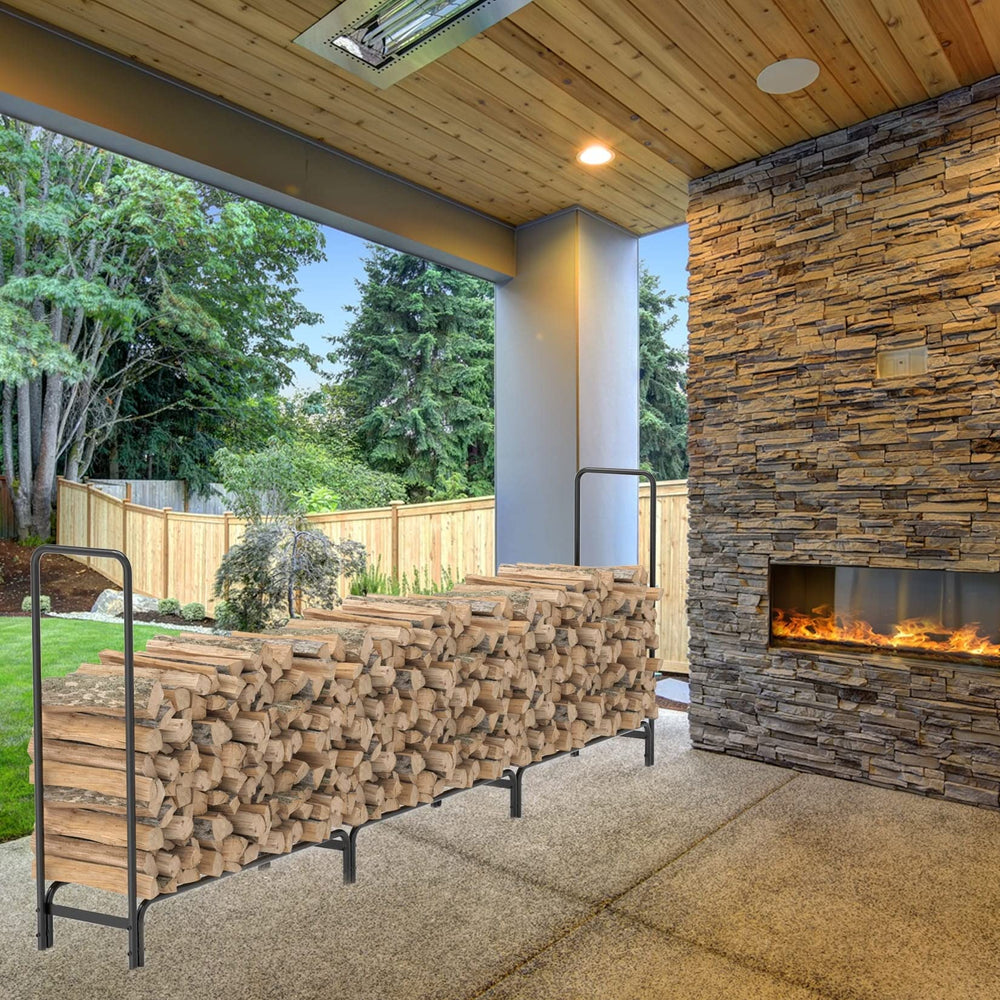 12 Ft Long Firewood Log Rack Outdoor Heavy-Duty Metal Holder Black Wrought - Diamond Home USA