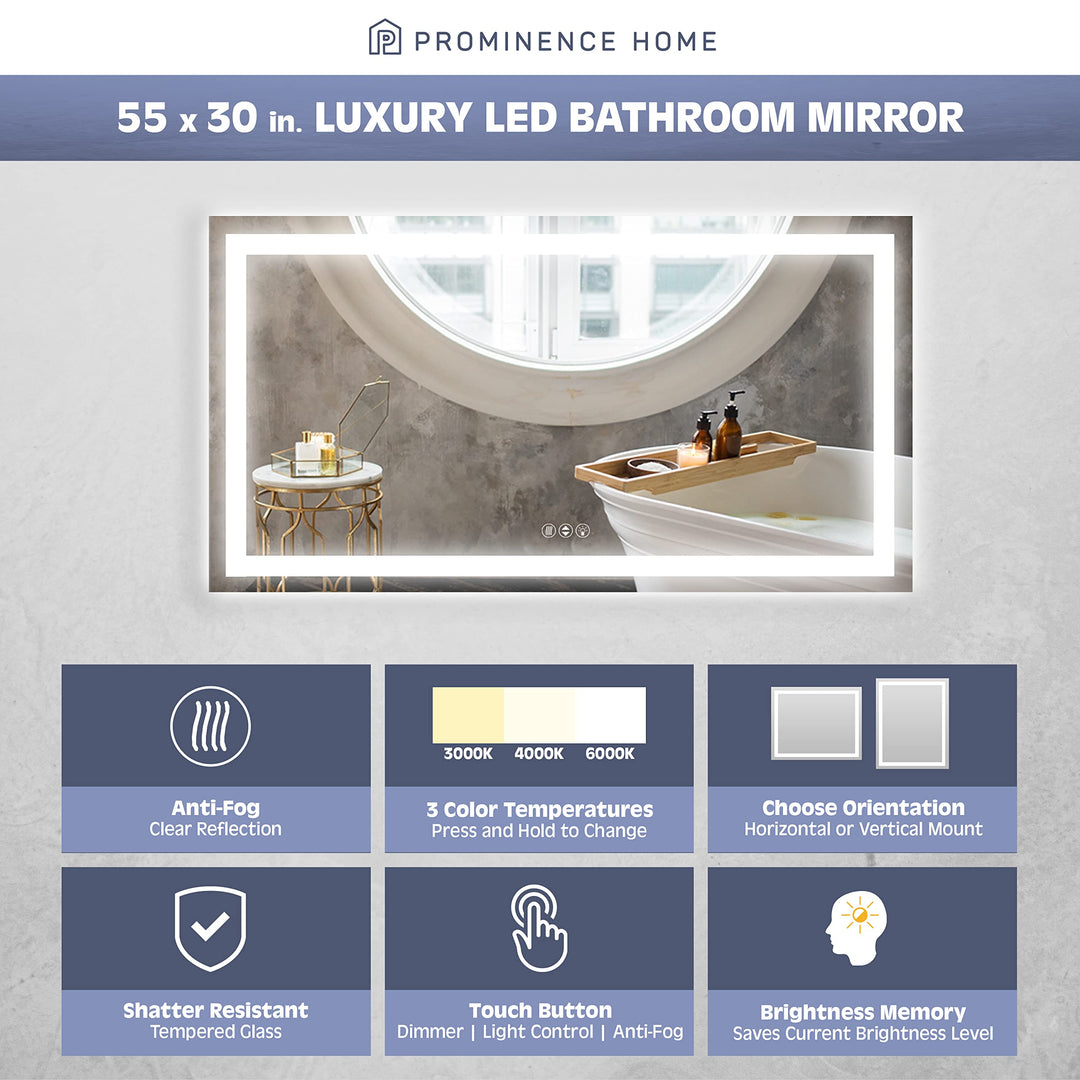 Prominence Home Luxury LED Bathroom/Wall Mirror with Front and Back Light 55x30 inches - Diamond Home USA