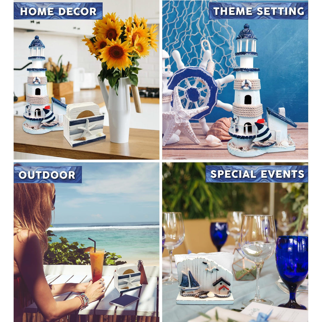 Blue Stripes Nautical- Lighthouse Napkin Holder Coaster hite Nautical Coastal - Diamond Home USA