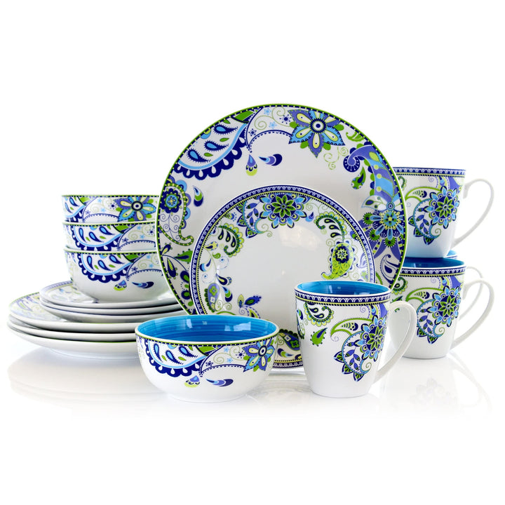 Blue Crush 16 Piece Round Porcelain Dinnerware Set Floral Casual Microwave Safe - Diamond Home USA