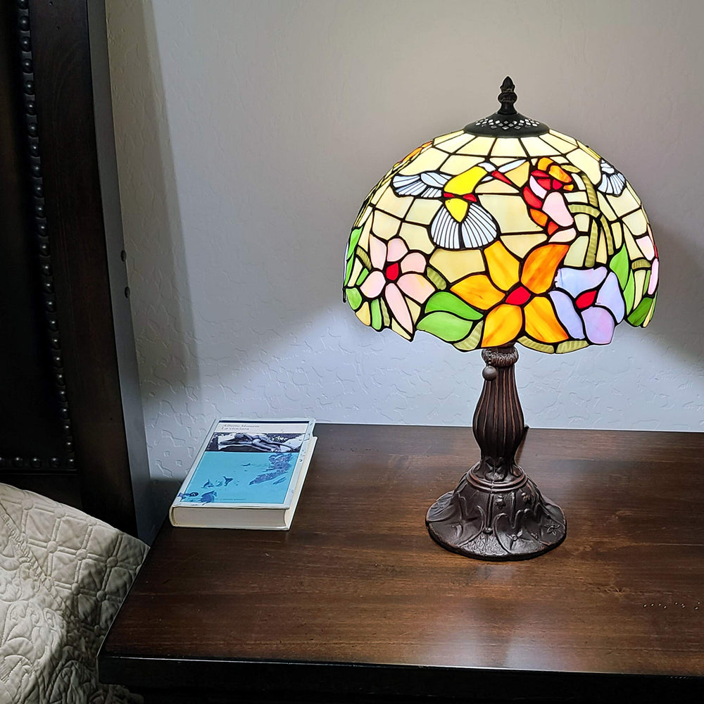 Tiffany Style Table Lamp Banker 19" Tall Stained Glass Yellow Red Tan Floral - Diamond Home USA