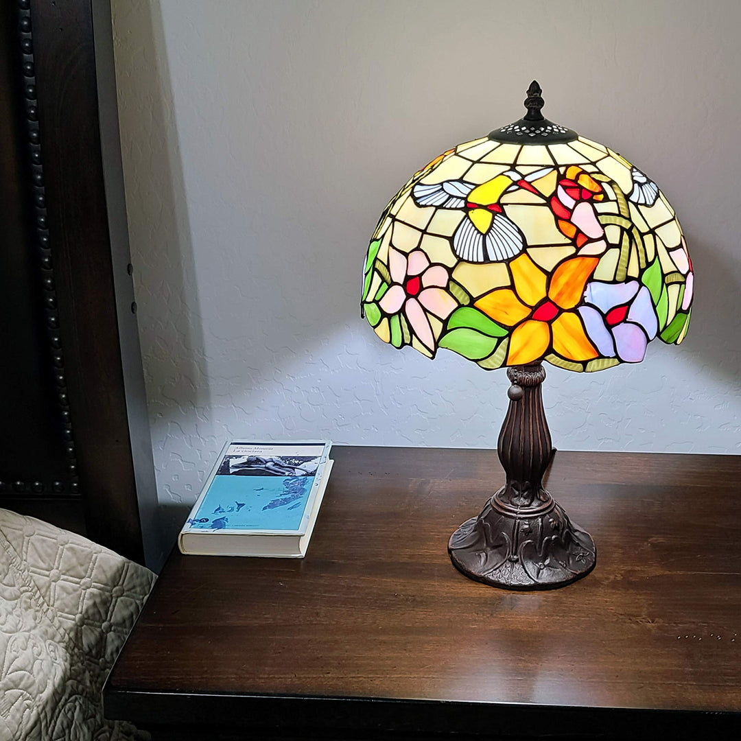 Tiffany Style Table Lamp Banker 19" Tall Stained Glass Yellow Red Tan Floral - Diamond Home USA