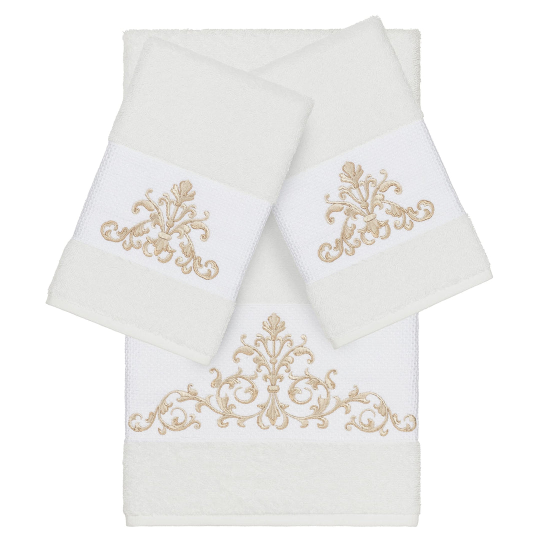 Authentic Hotel and Spa White Turkish Cotton Scrollwork Embroidered 3 Piece - Diamond Home USA