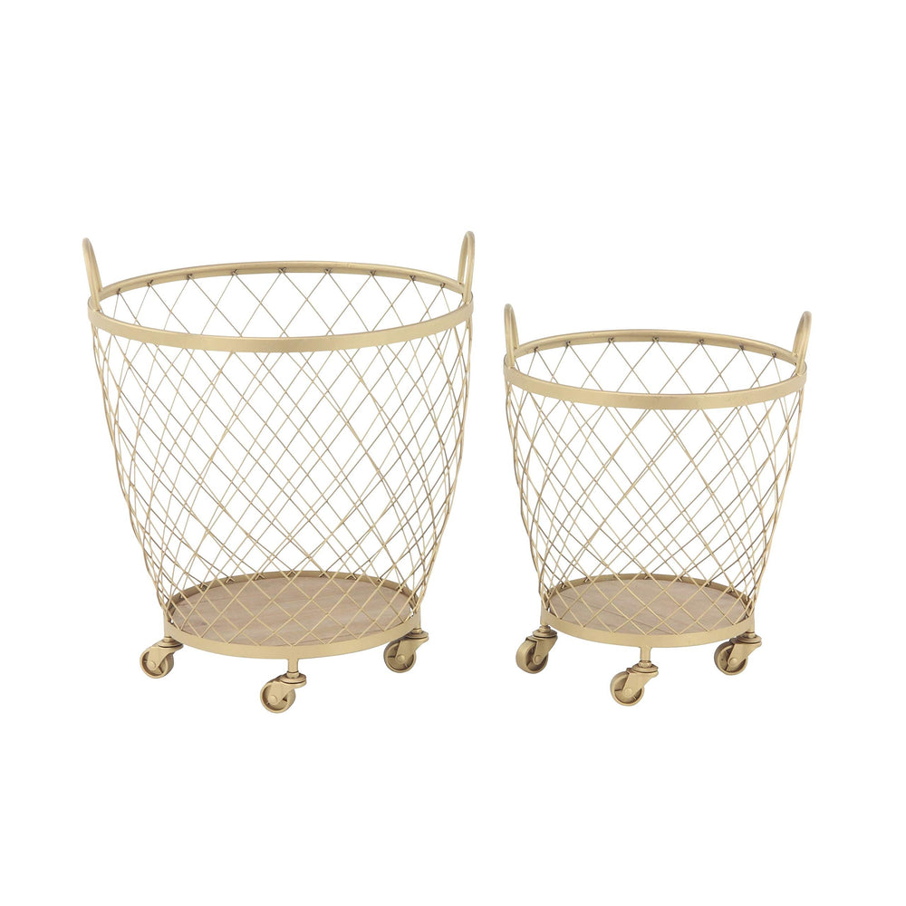 Set of 2 Modern Diamond-Weave Round Iron Baskets with Wheels Gold - Diamond Home USA