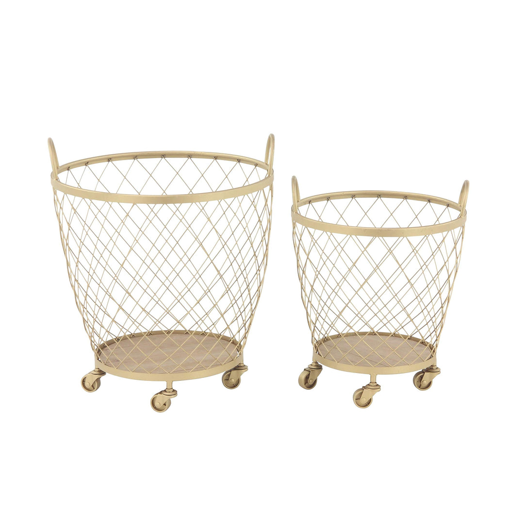 Set of 2 Modern Diamond-Weave Round Iron Baskets with Wheels Gold - Diamond Home USA
