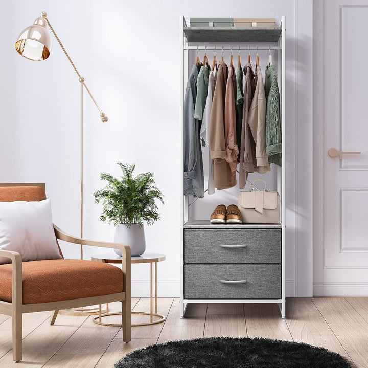 Clothing Rack with 2 Drawers Tall Closet Stand Dresser for Bedroom Grey