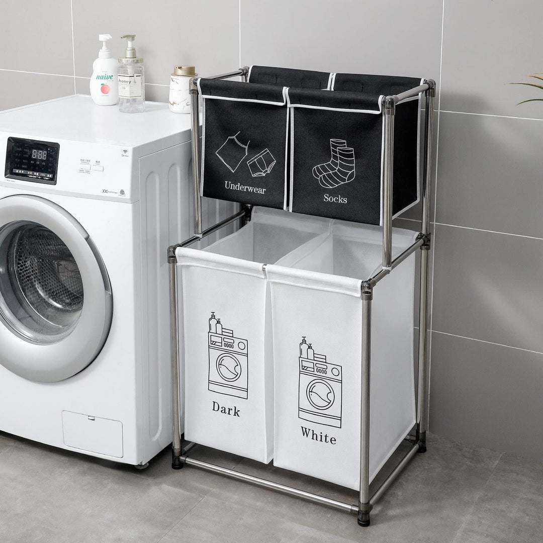 Laundry Hamper 2 Tier Sorter with 4 Removable Bags for Organizing Clothes Lights White/Black