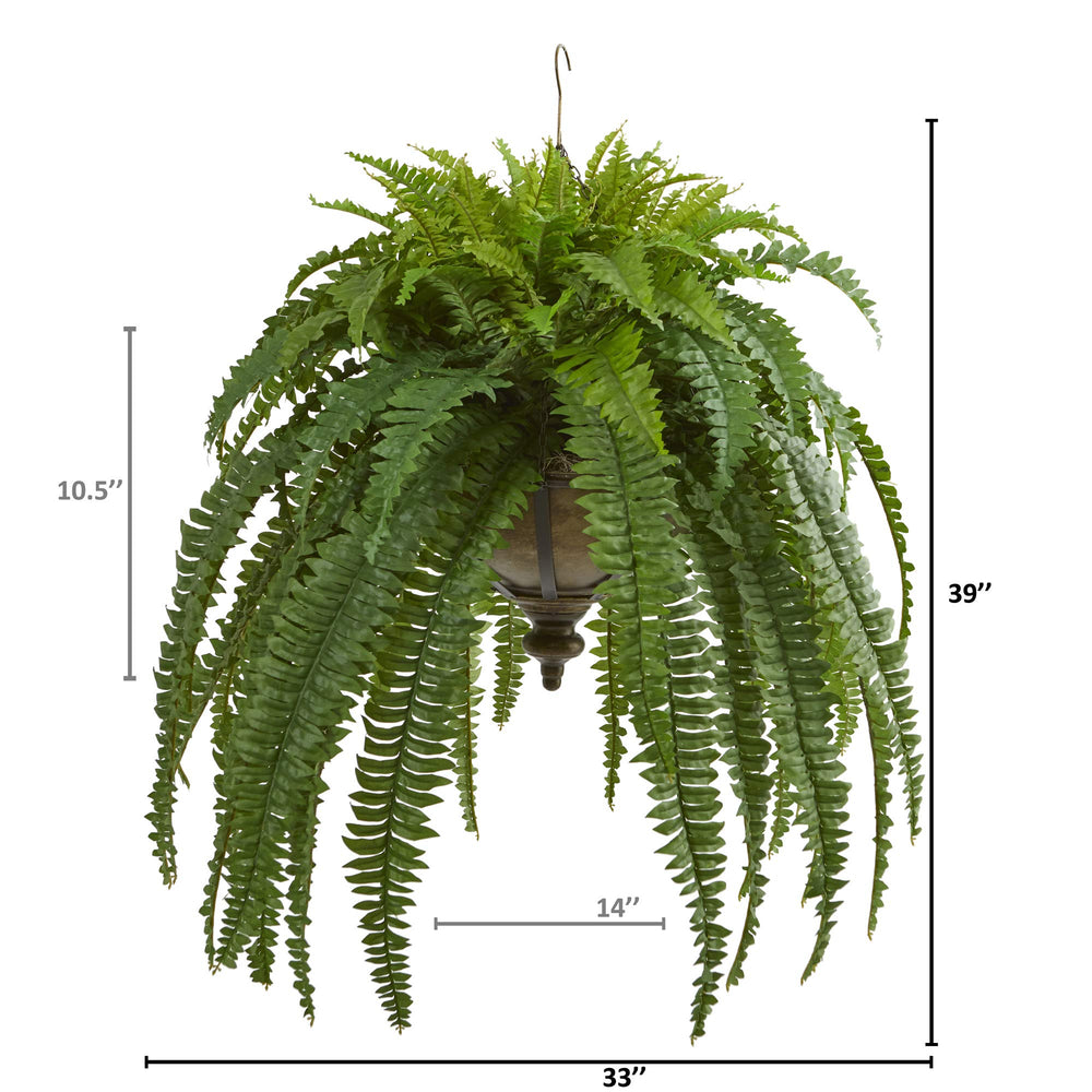 Nearly Natural 39in. Boston Fern Artificial Plant in Metal Hanging Bowl - Diamond Home USA
