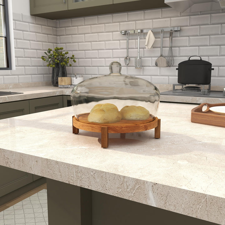 Brown Mango Wood Elevated Cake Stand with Glass Dome Cover