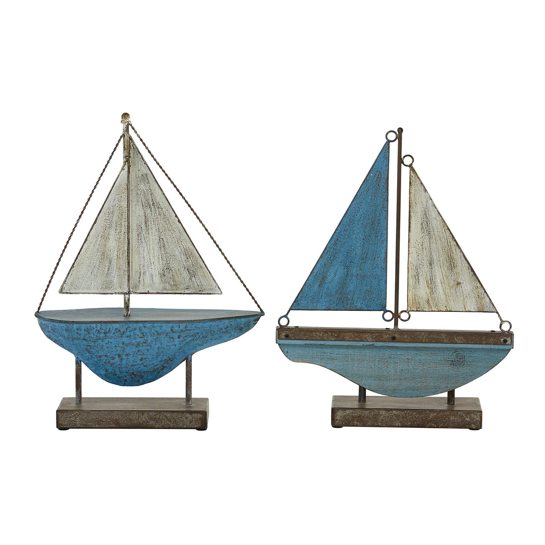 Blue and White Metal Boat Sculptures Set of 2 13 X 3 16 Multi Color Nautical - Diamond Home USA