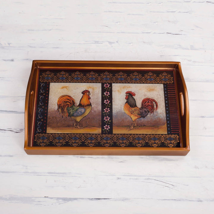 Handmade Crowing Roosters Reverse Painted Glass Tray (Peru) 2.4" H X 17.75" W - Diamond Home USA