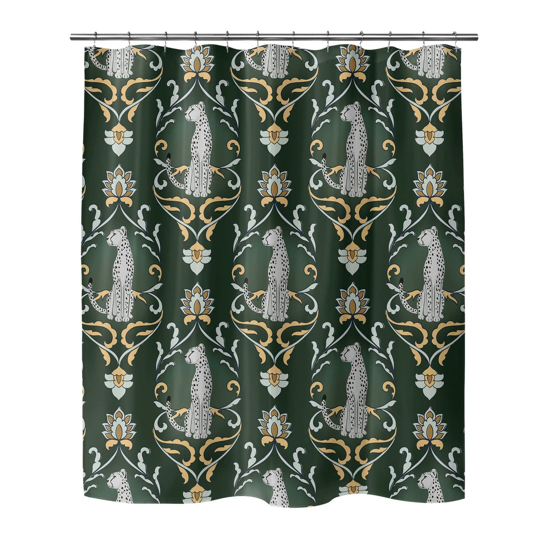 Snow Cats Green Shower Curtain Green Animal Print Modern Contemporary Polyester