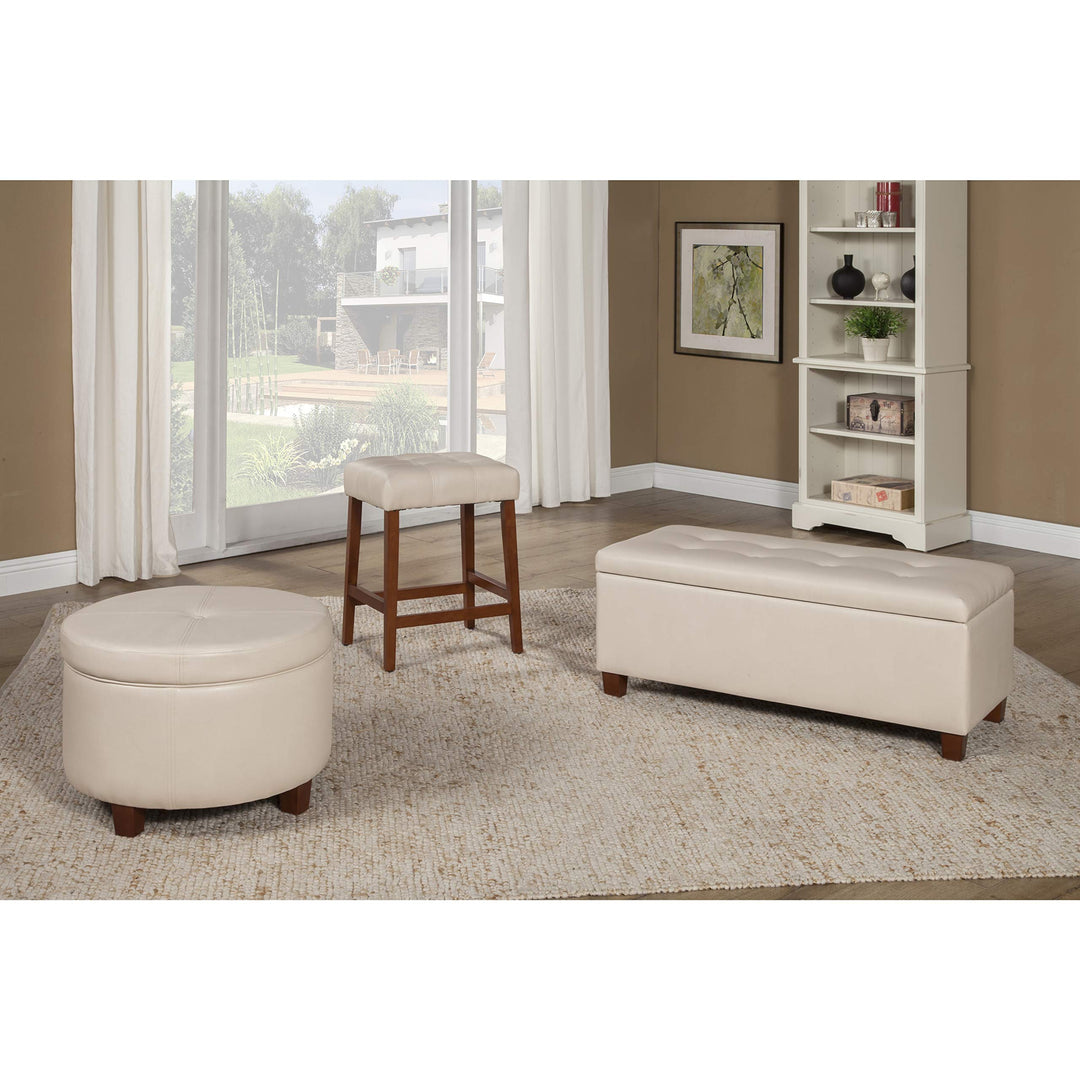 Large Ivory Faux Leather Round Storage Ottoman Cream Solid Transitional Foam - Diamond Home USA