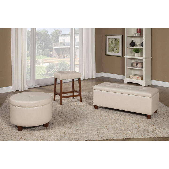 Large Ivory Faux Leather Round Storage Ottoman Cream Solid Transitional Foam - Diamond Home USA
