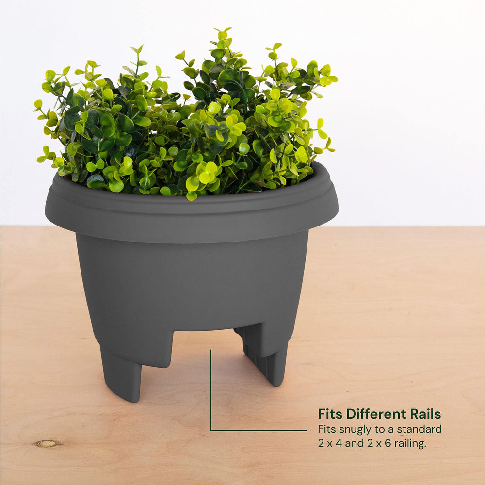 Bloem Modica Deck Rail Round Planter: 12" - Charcoal - Matte Finish Fits Rail - Diamond Home USA