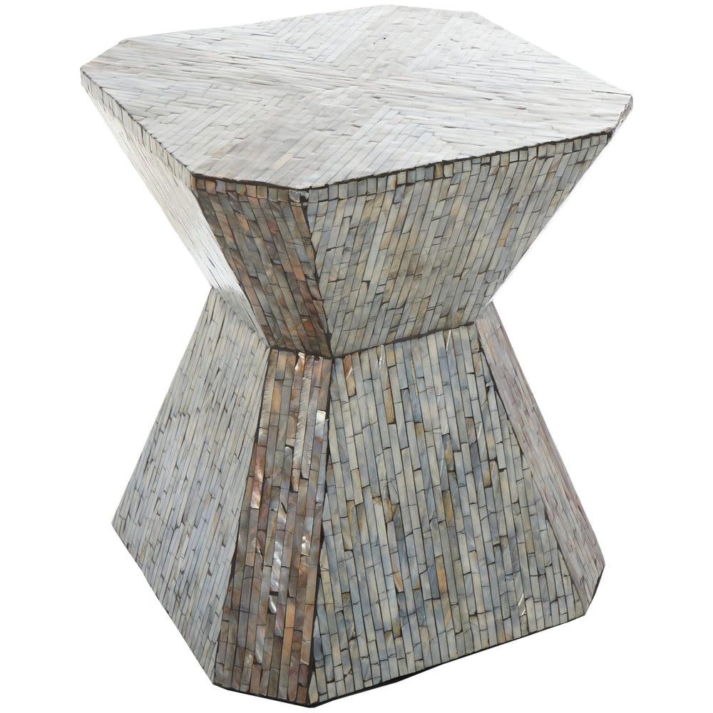 Gray Mother of Pearl Hourglass Geometric Accent Table with Linear Mosaic Pattern - Diamond Home USA
