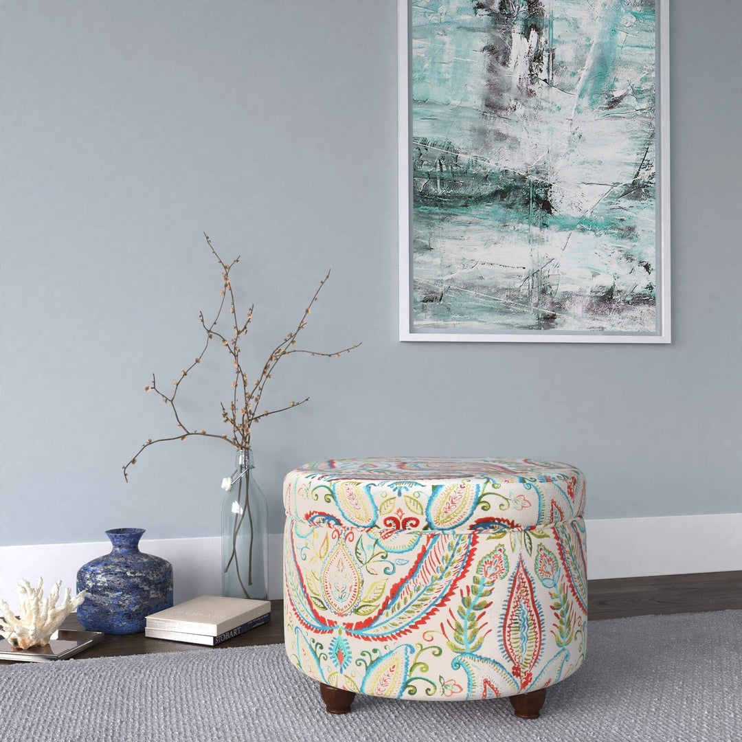 Paisley Storage Ottoman Multi Color Floral Transitional Pattern Round Cotton