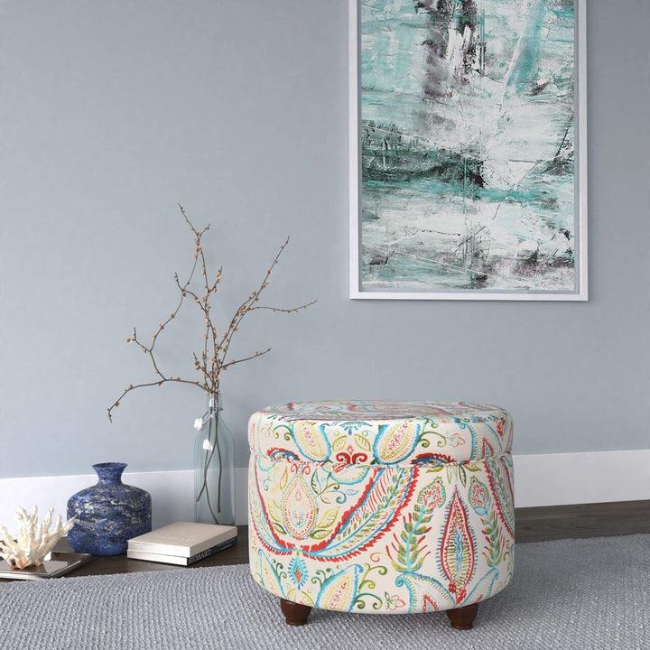 Paisley Storage Ottoman Multi Color Floral Transitional Pattern Round Cotton