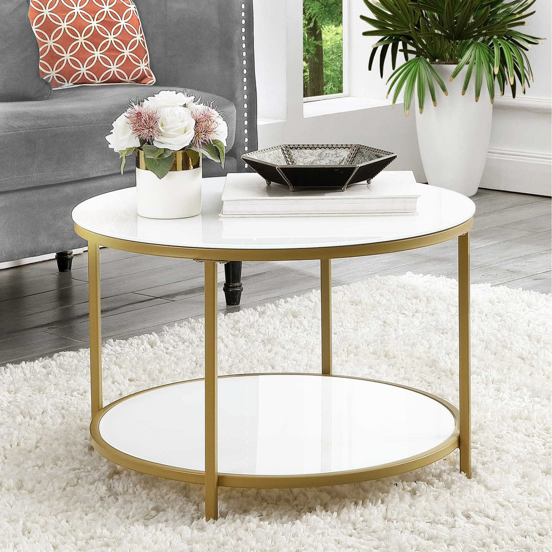 Modern 2-Tier Glass Coffee Table with Storage Shelf Gold White Contemporary