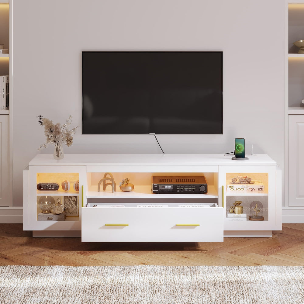 White Led Tv Stand Media nsole Table with Drawer Fits Tvs Up to 75" Modern - Diamond Home USA
