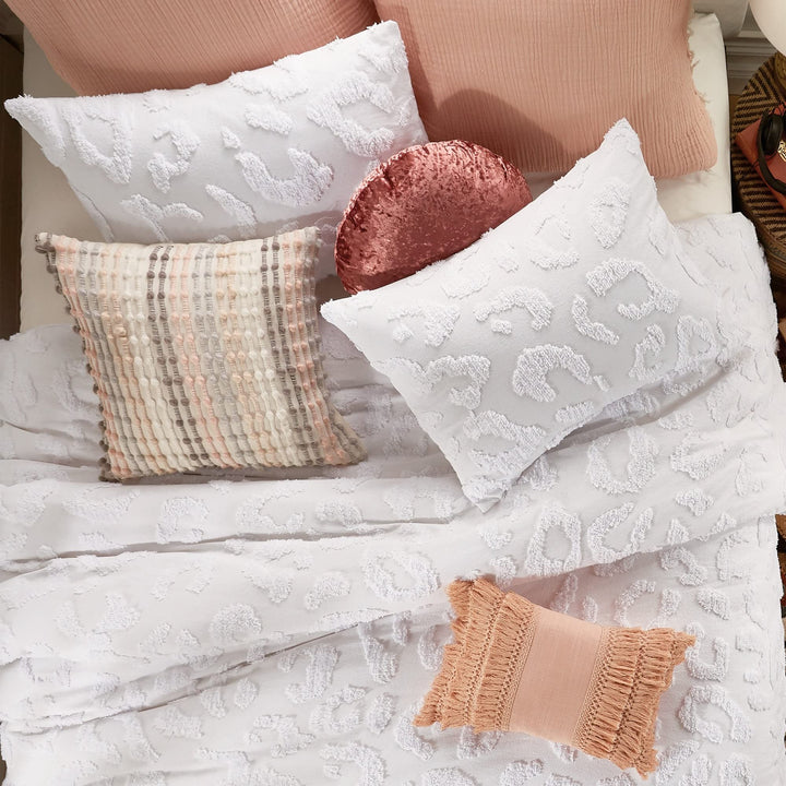 Chenille Leopard Comforter Set White Textured Modern Contemporary Cotton 3 Piece - Diamond Home USA