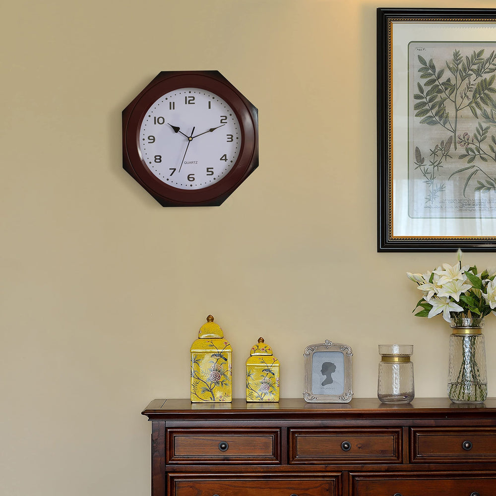 Brown Modern Decorative Octagon Shaped Wood- Looking Plastic Wall Clock for - Diamond Home USA