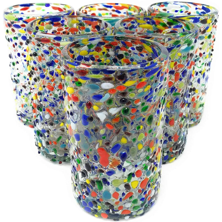 Hand Blown exican Drinking Glasses Set Of 6 Confetti Rock Design (14 Oz Each)