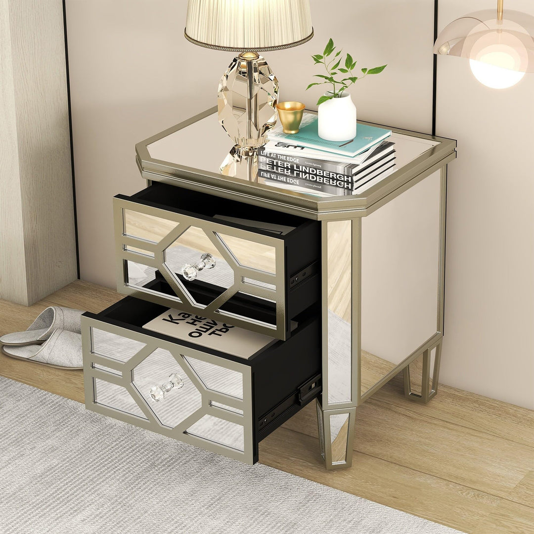 Elegant Mirrored 2-Drawer Nightstand End Table with Golden Lines Silver Modern - Diamond Home USA