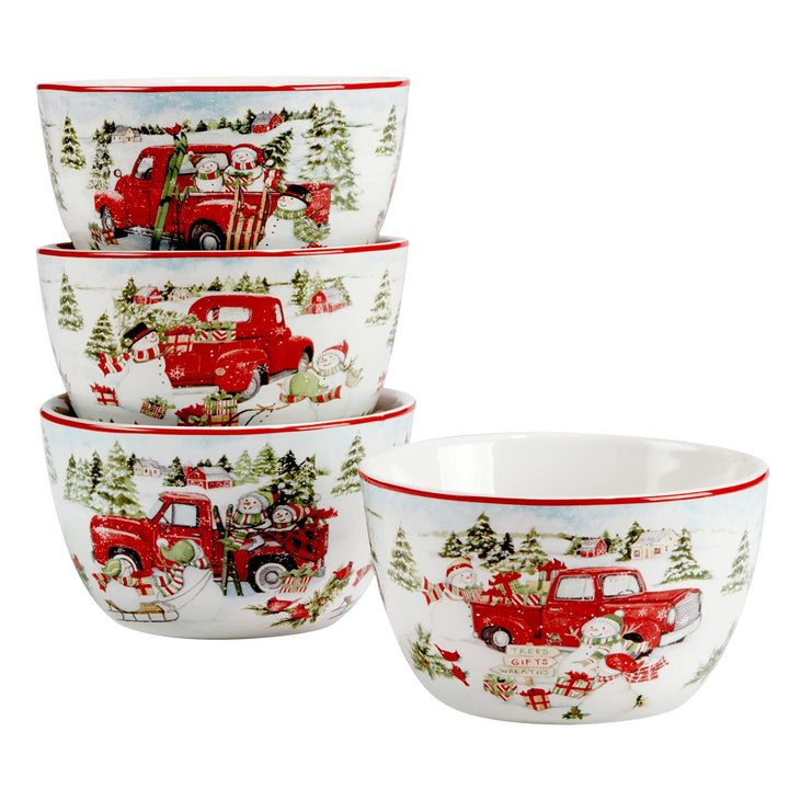 Red Truck Snowman 5.25" Ice Cream/dessert Bowls Set Of 4 Multi Color White