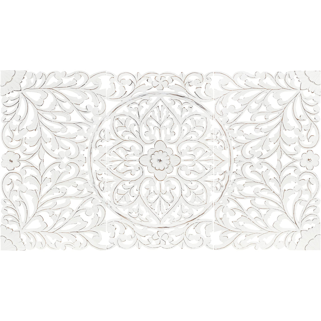 Floral Hand Carved White Wooden 48x28-inch 3-panel Wall Art Transitional