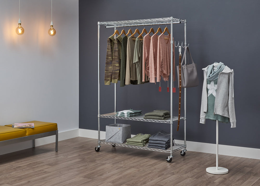 TRINITY Eco Rolling Garment Rack with Shelves Hooks for Clothing - Diamond Home USA