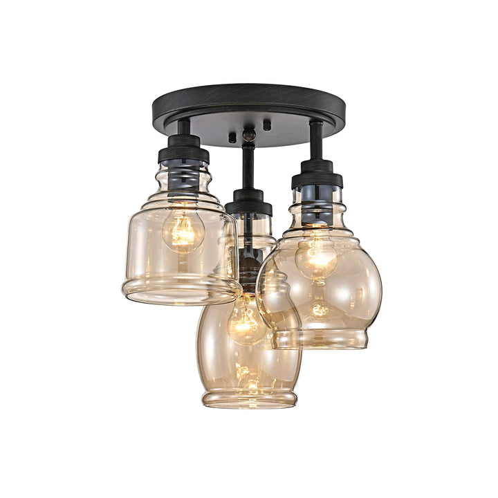3-Light Antique Black Flush Mount with Cognac Glass Shade - Modern - Diamond Home USA