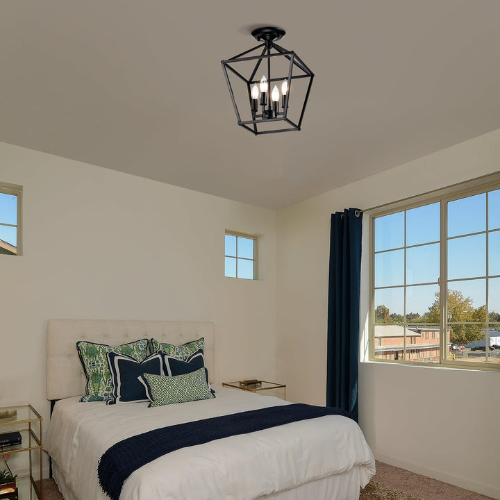 Matte Black 4-light 12 in. Cage Lantern Farmhouse Semi-flush Mount Metal - Diamond Home USA