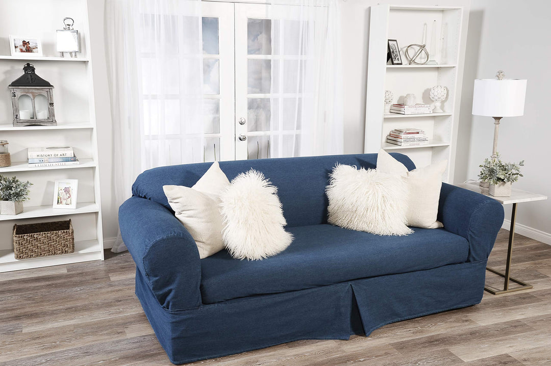 2 Piece Cotton Washed Heavy Denim Sofa Slipcover Blue