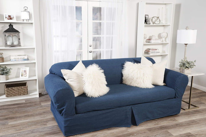 2 Piece Cotton Washed Heavy Denim Sofa Slipcover Blue