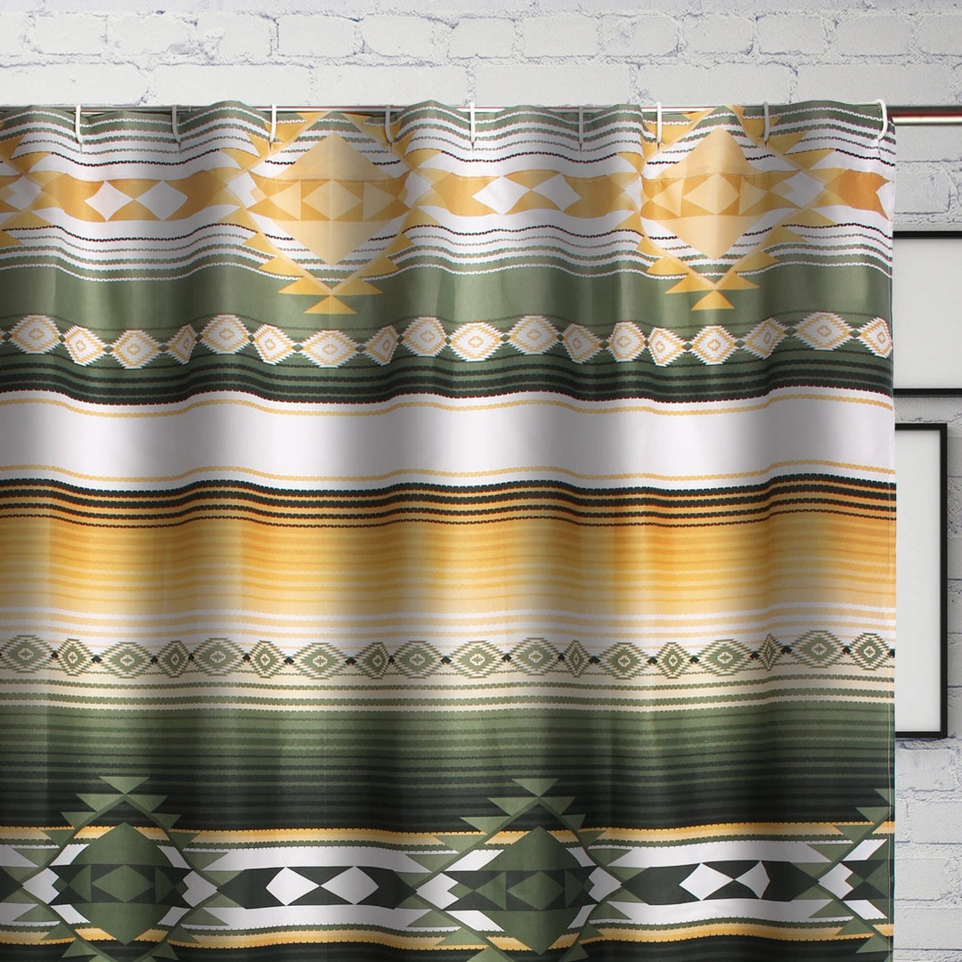 Bath and Shower Curtain Gold Green White Geometric Striped Cabin Lodge Rustic - Diamond Home USA