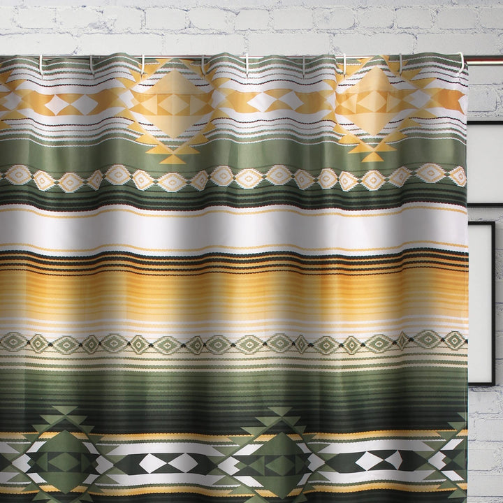 Bath and Shower Curtain Gold Green White Geometric Striped Cabin Lodge Rustic - Diamond Home USA