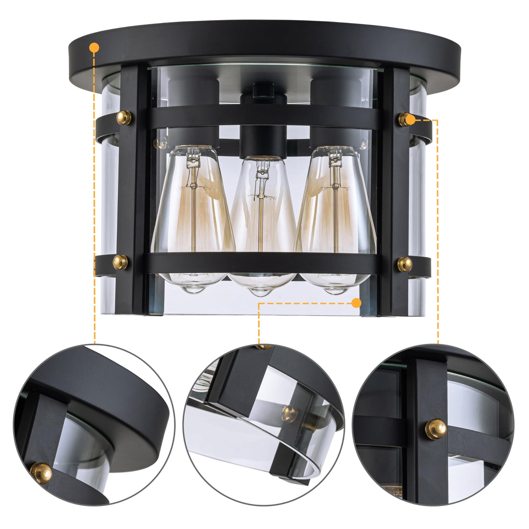 3-light Black Flush ount Ceiling Light with Gold Accent and Clear Glass Shade - Diamond Home USA