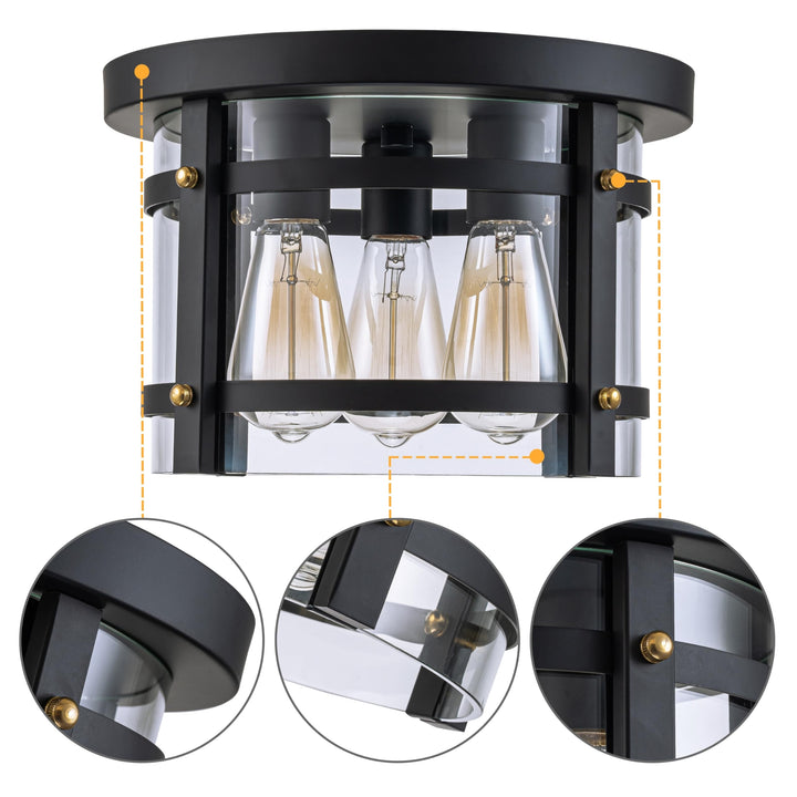 3-light Black Flush ount Ceiling Light with Gold Accent and Clear Glass Shade - Diamond Home USA