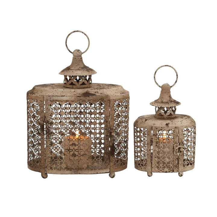 Distressed Lattice Oval Candle Lanterns (Set of 2) Tan Iron Metal - Diamond Home USA