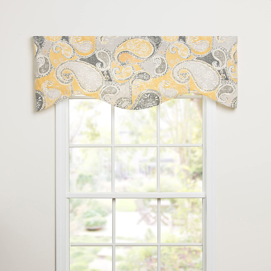 Charcoal Grey Paisley On Yellow Shaped Valance Yellow Paisley Traditional Cotton